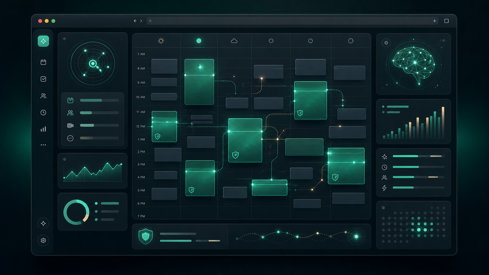 Dark AI scheduling workspace with protected focus blocks